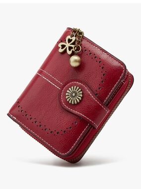 Women's Red Leather Compact Bifold Wallet with Zipper Coin Pocket